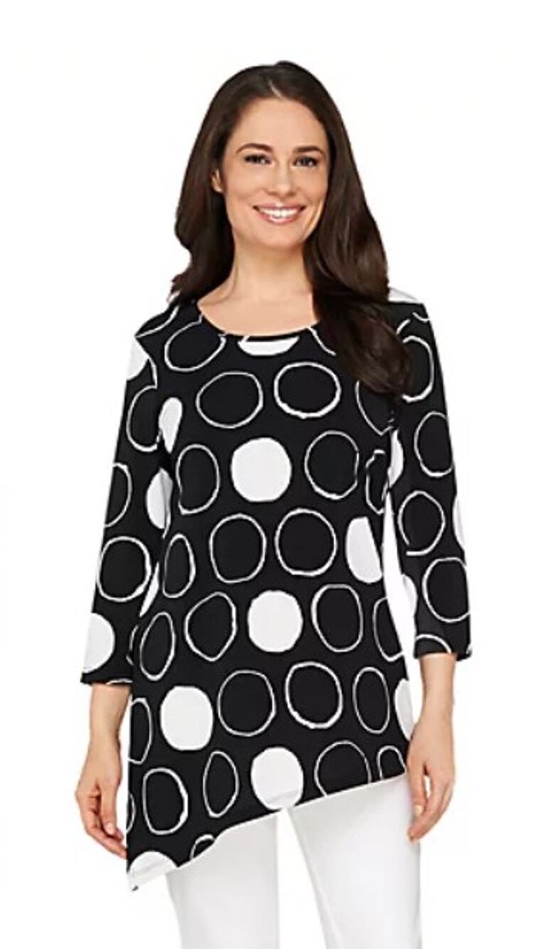Susan Graver Black & White Dot Liquid Knit Asymmetrical Tunic Top, Size 2X